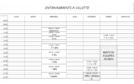 Créneau d'entrainement 2020-2021